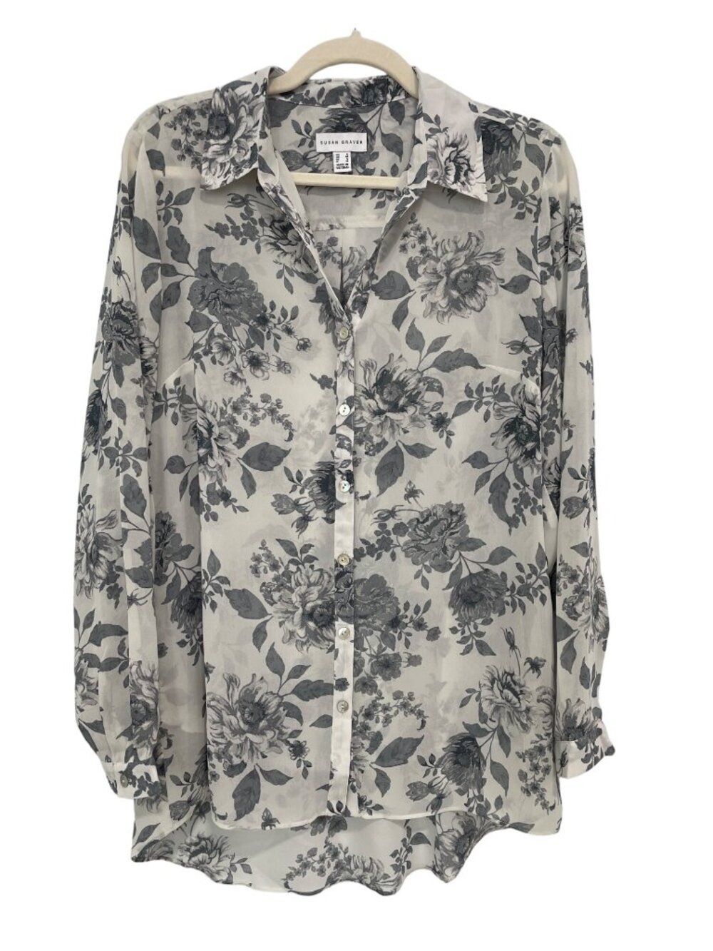 Susan Graver Shirt Small Regular Printed Woven Button Front Gray Polyester NEW
